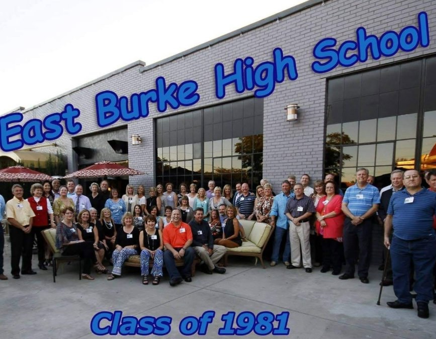 The East Burke Class of 1981 gathered for a reunion in front of the school